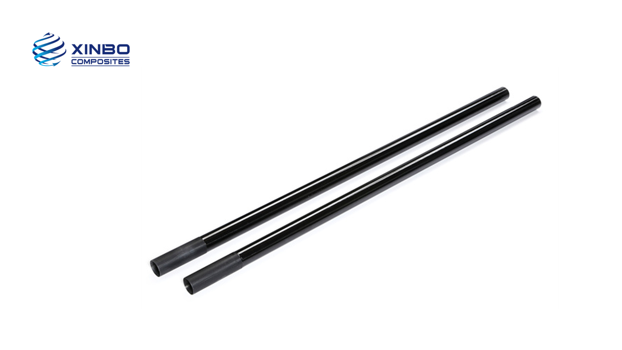 Roll-wrapped carbon fiber round tubes with glossy clear coat finish, hollow ends visible, Xinbo Composites